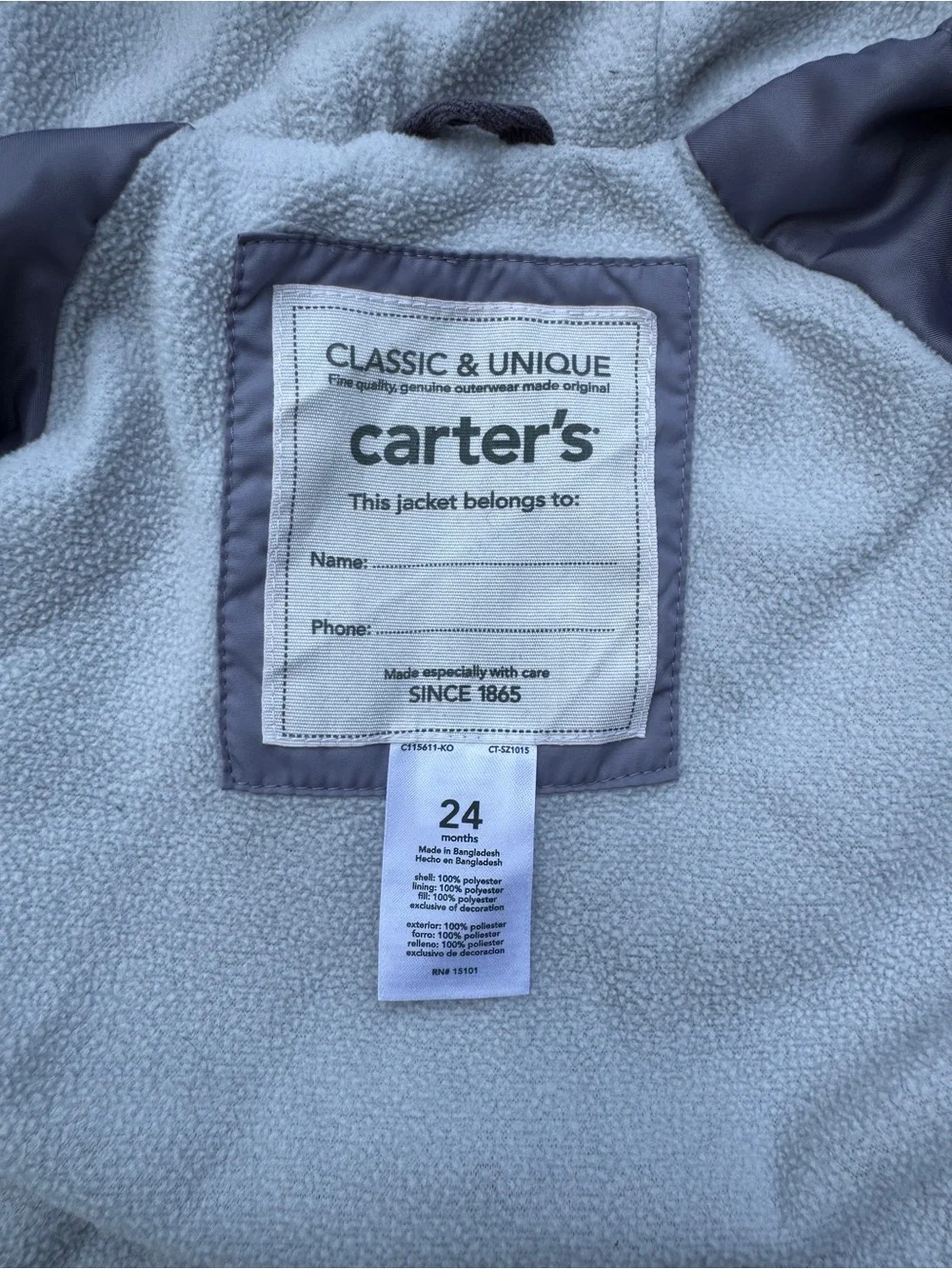 Carter’s Winter Jacket Fleece Lined Hooded 24M